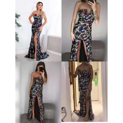 Women Sexy V Neck Off Shoulder Sequin Mosaic Gown
